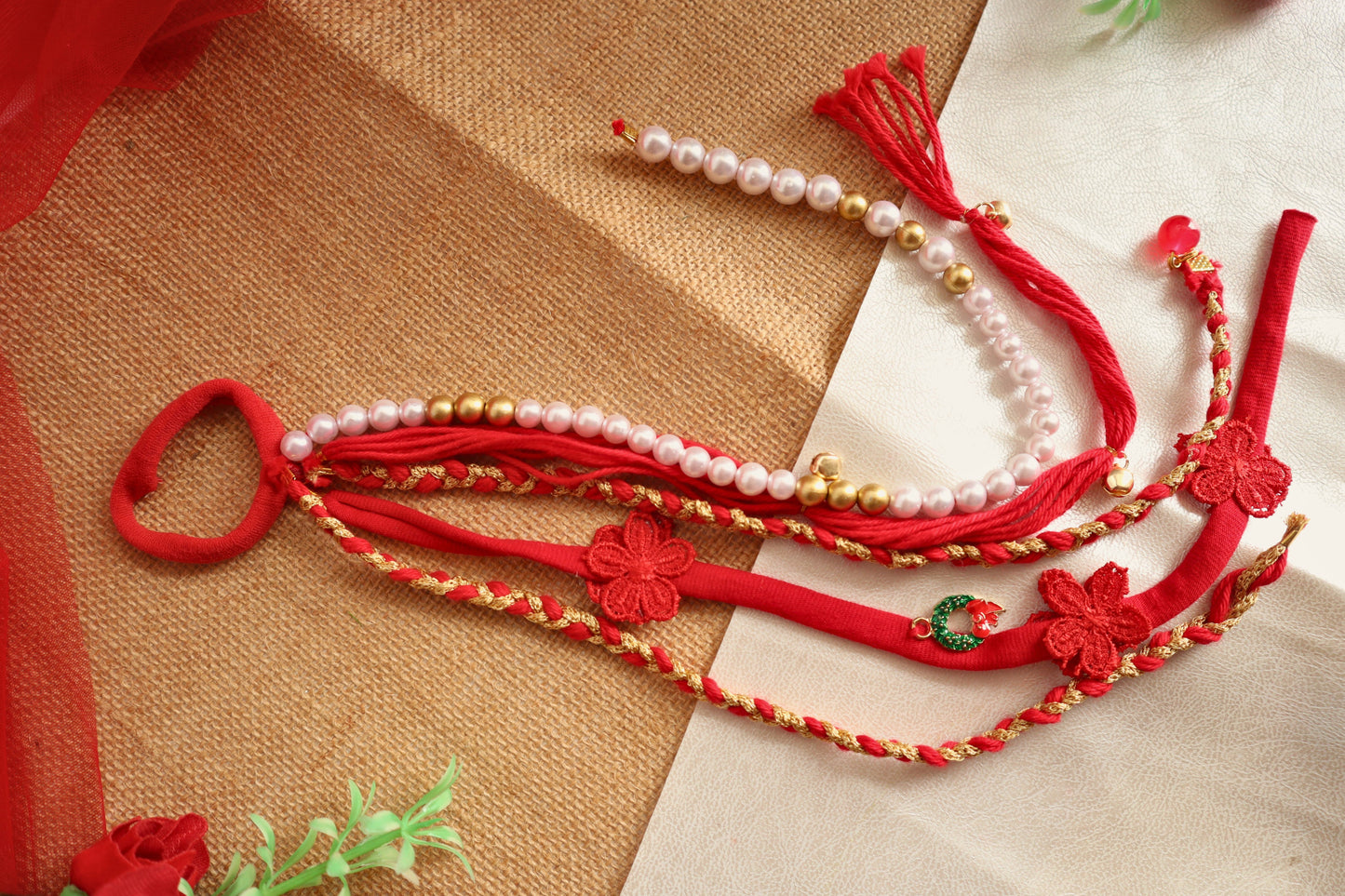 Kamule Boho Beads Braided Hair Tie - red ,white