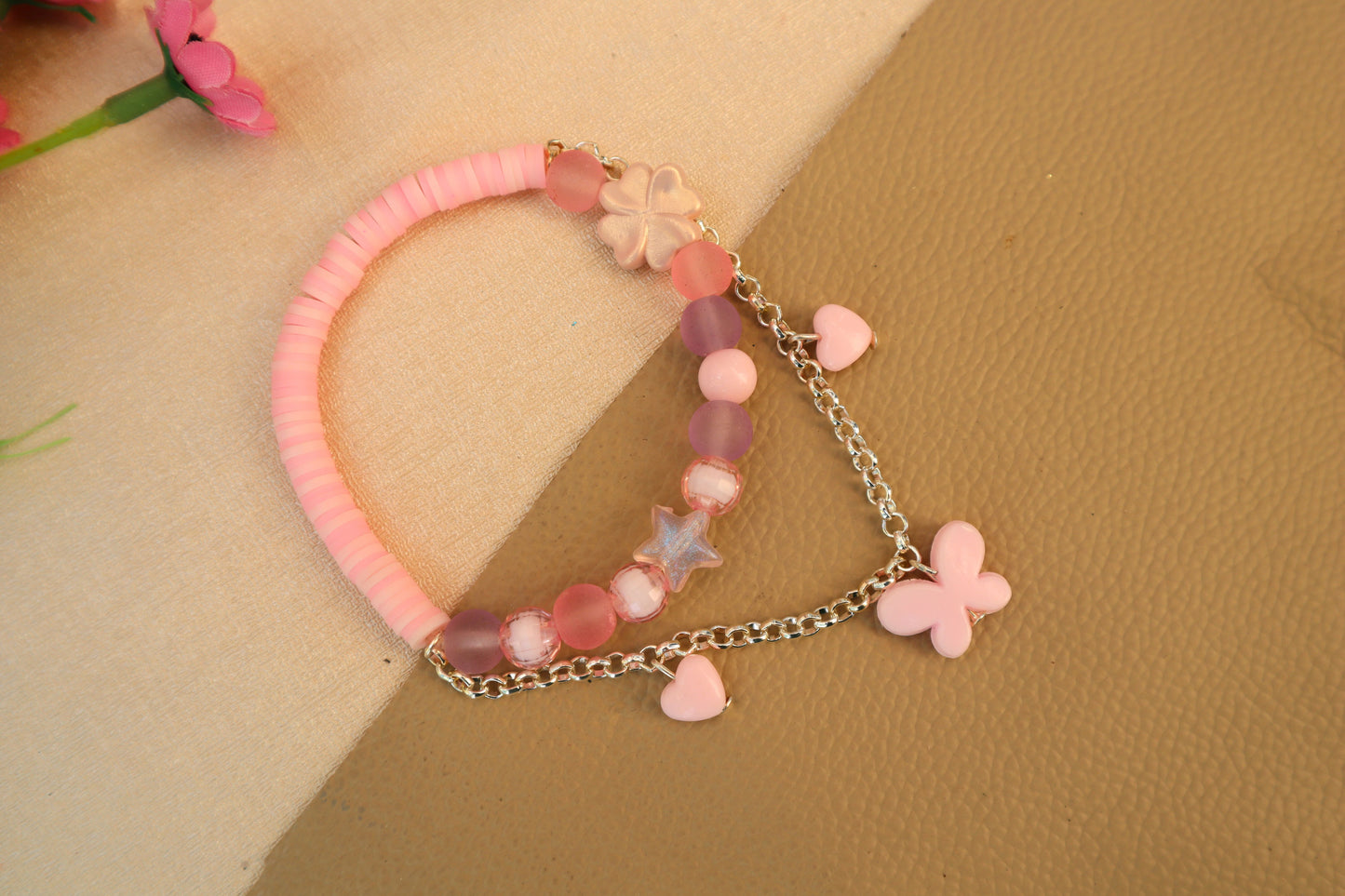 Kamule Butterfly Charmed and fimo beads bracelet - Light pink