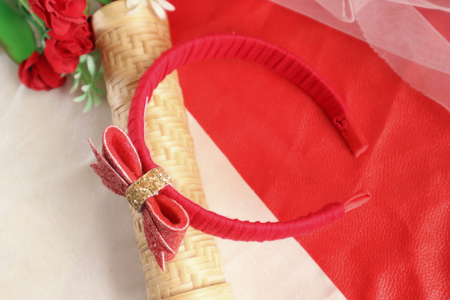 Kamule Bow Designed sugar Sugar Beads Embellished Hairband - red