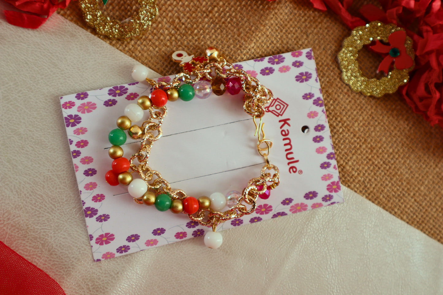 Christmas Theme Chain and Reindeer Embellished Beaded Bracelet- red,green