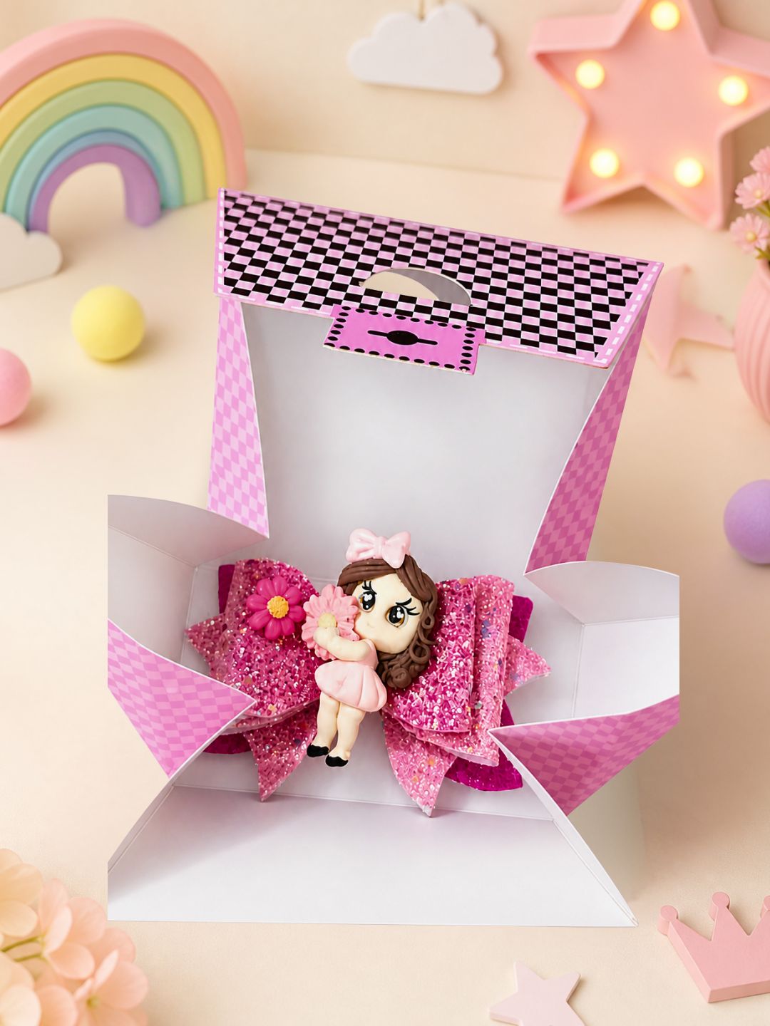 Kamule Doll Applique Layered Hair Bow Clip with Floral Charm - Pink