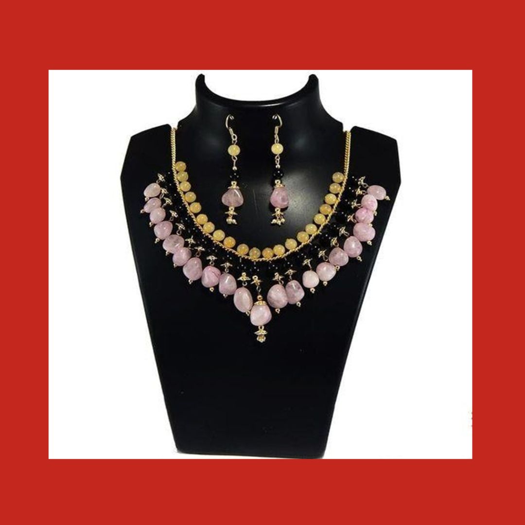 Elegant Pink & Gold Beaded Necklace Set