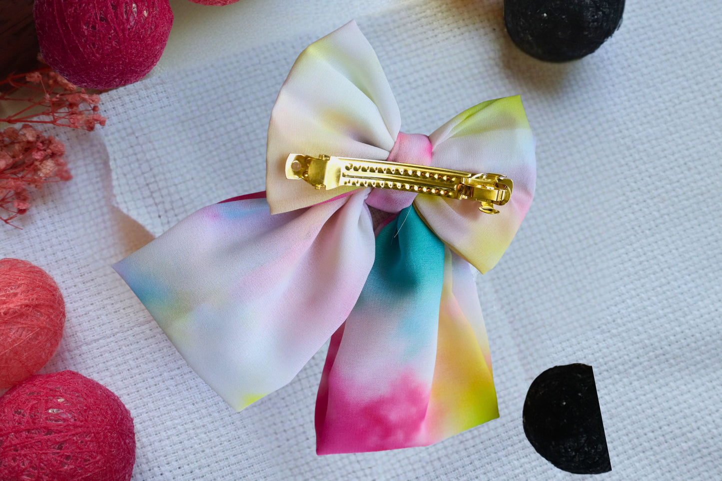 Kamule Soft tie-dye look Holi Theme Bow -Pack of 1 -Pink, Yellow, and Blue