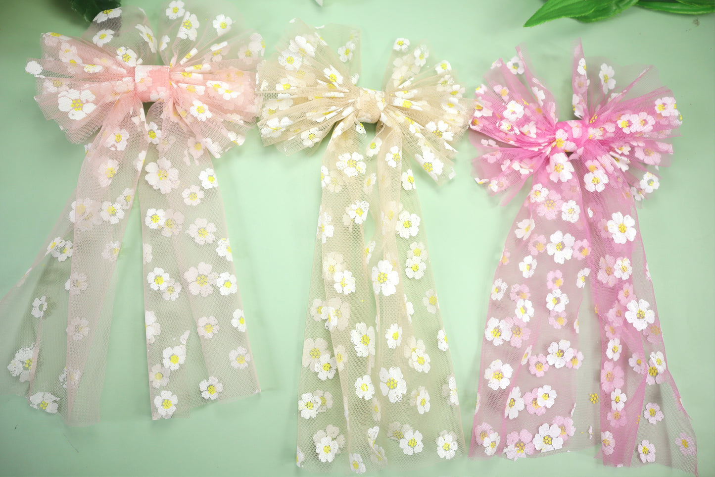 Kamule Flora Net Detailed Bow Alligator Clip Pack of 3 - Peach, Pink and Cream