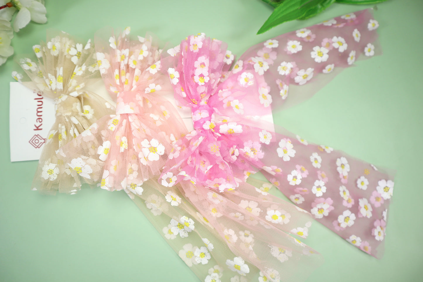 Kamule Flora Net Detailed Bow Alligator Clip Pack of 3 - Peach, Pink and Cream