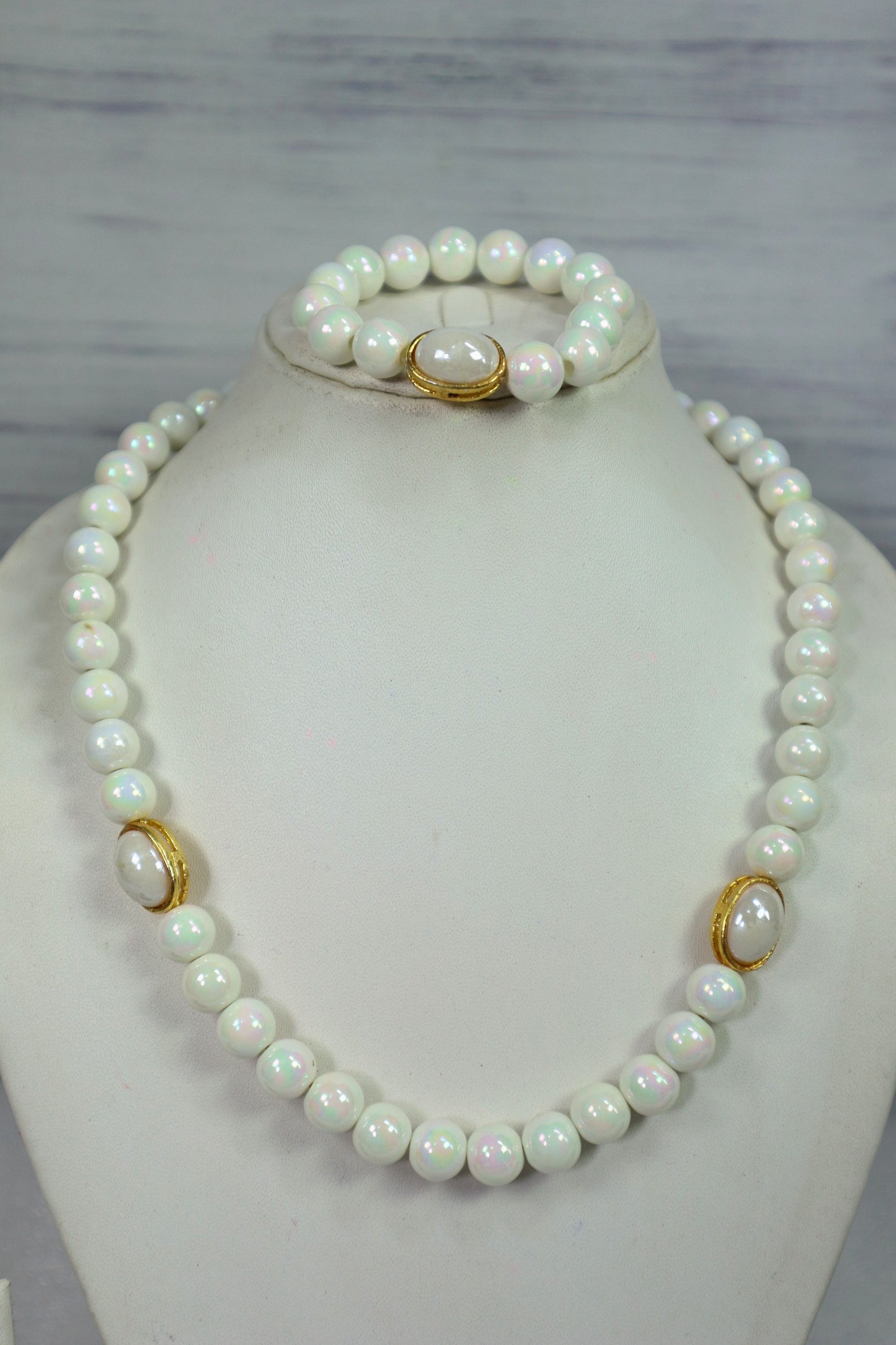 Kamule Set Of 2 Flora Beaded Necklace With Bracelet-Shinny White