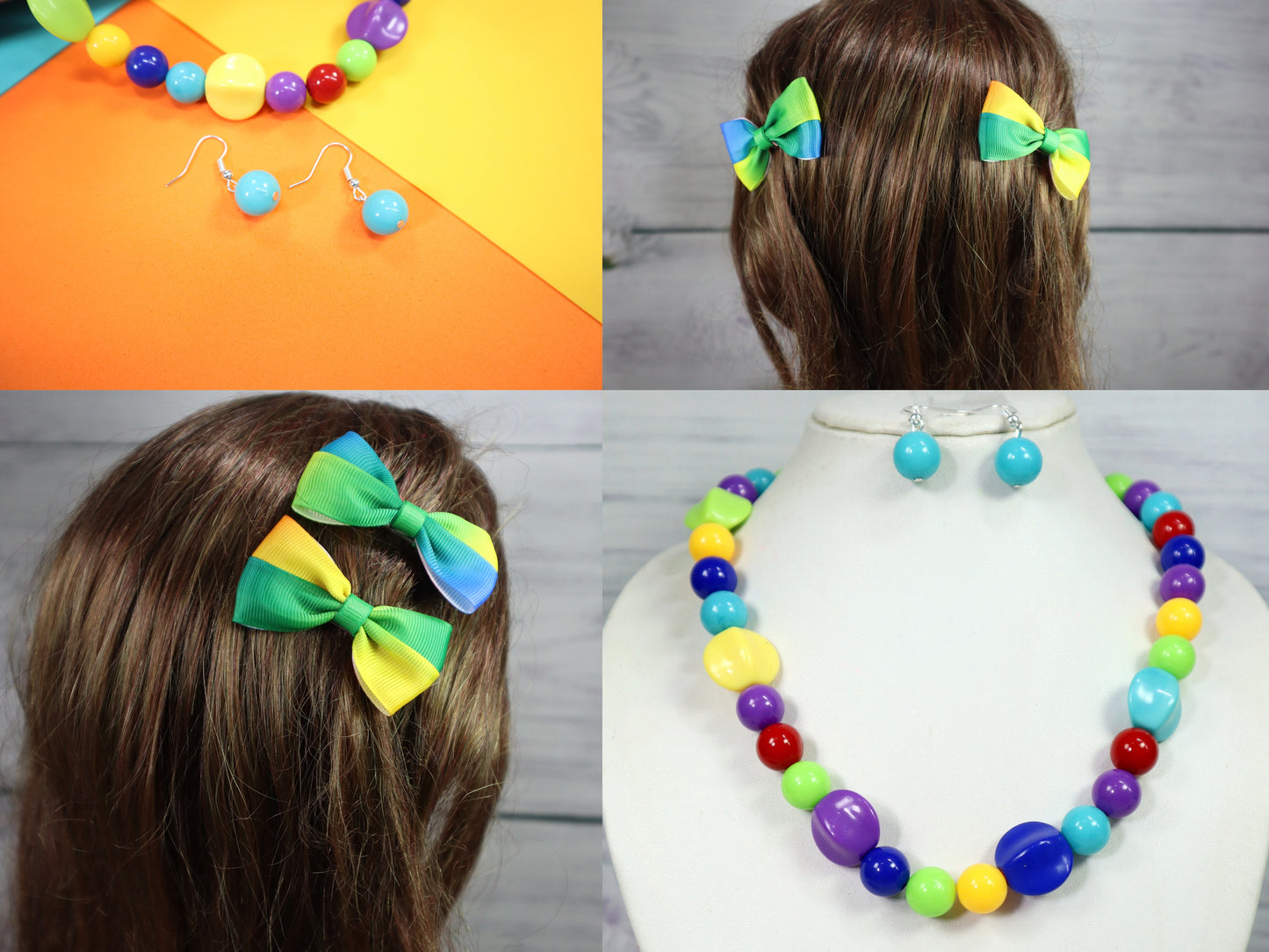 Kamule Set Of 3 Shinny Multi Big Beads Necklace with Earing And Bow - Multicolour