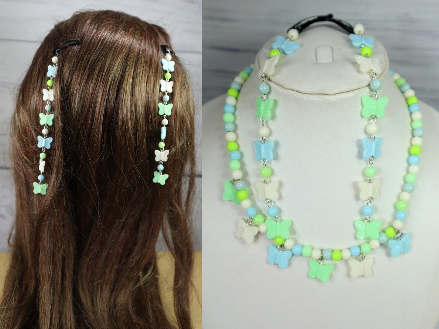 Kamule Set Of 2 Seed Beads Necklace And Hairclip With Butterfly Accent At Centre - Green