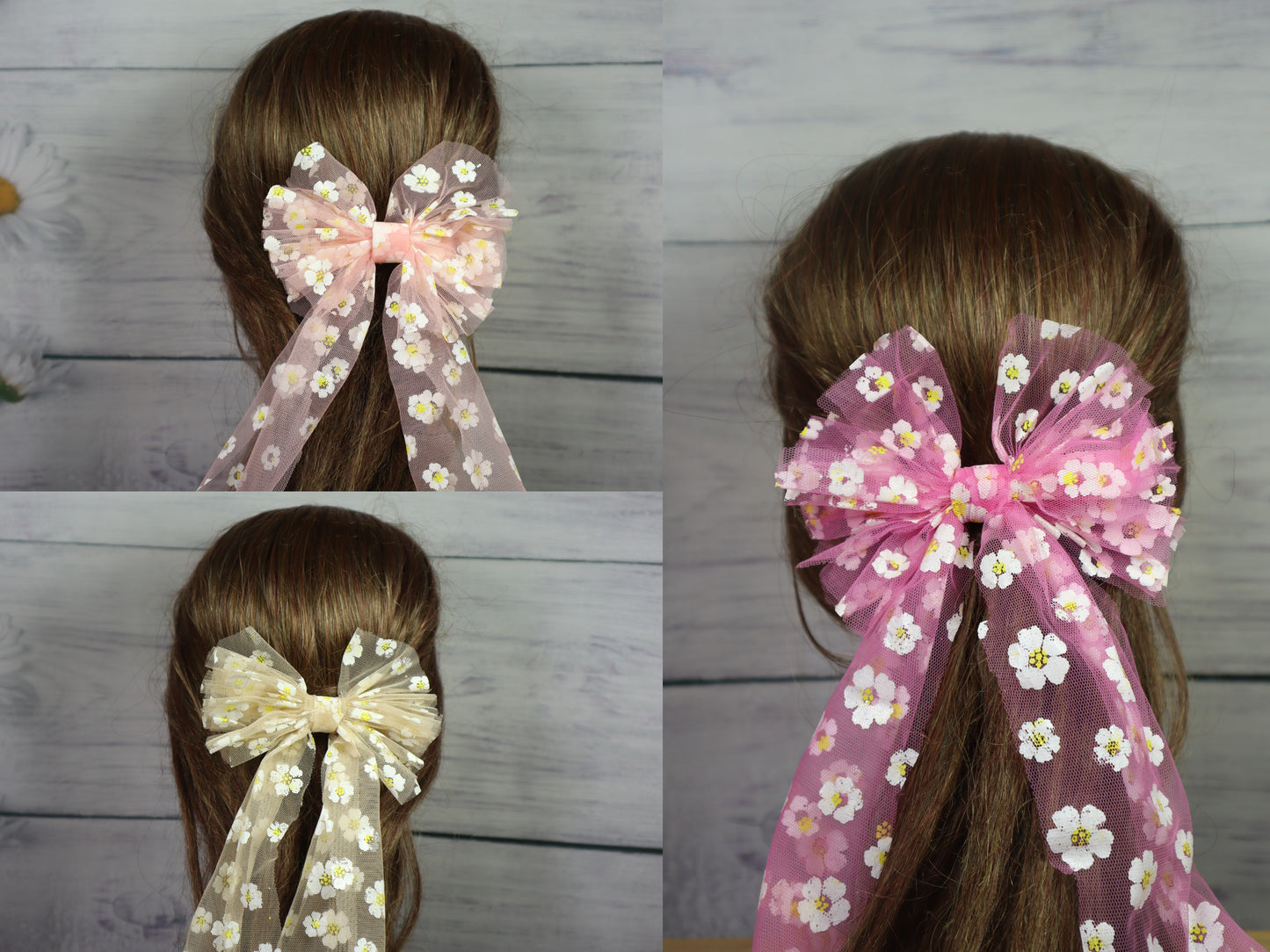 Kamule Flora Net Detailed Bow Alligator Clip Pack of 3 - Peach, Pink and Cream