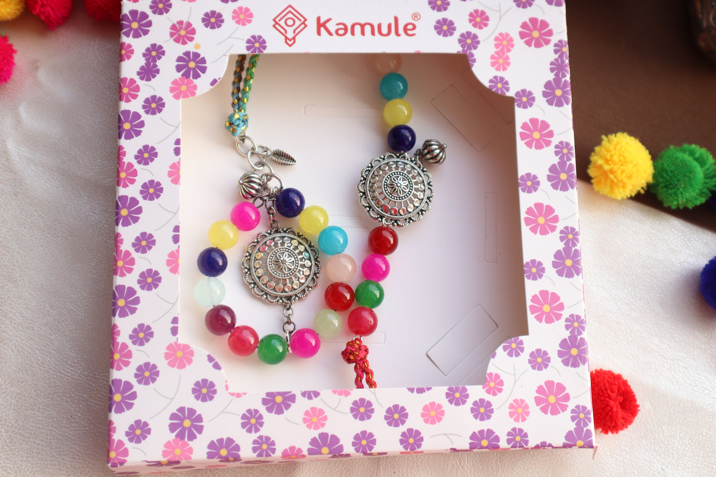 Kamule Multicolour Ethnic Glass beads Brother Sister Rakhi Set of 2 - Multicolour