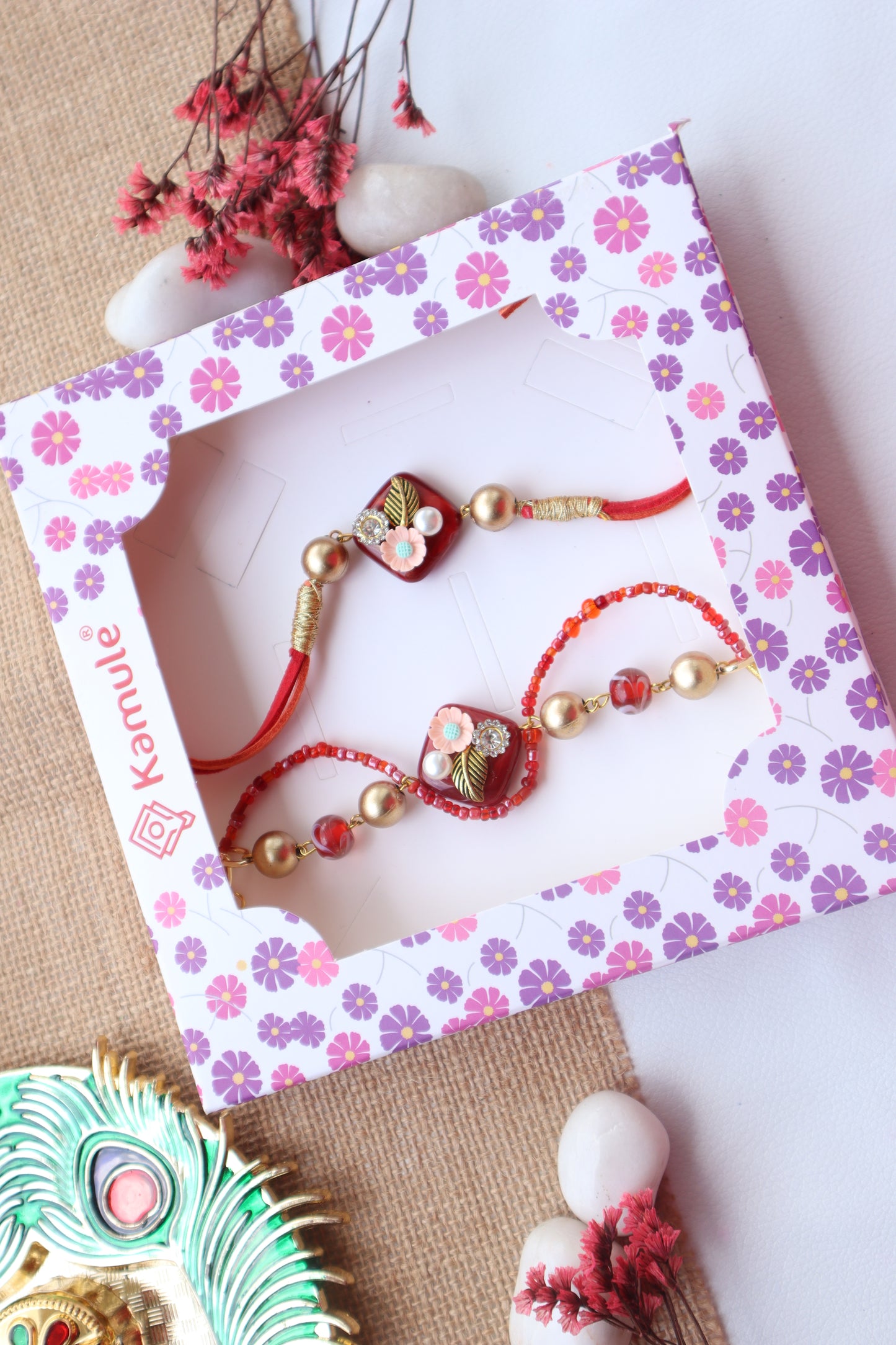 Kamule Beads Embellished Bracelet Bhaiya Bhabhi Rakhi Set of 2 - Red