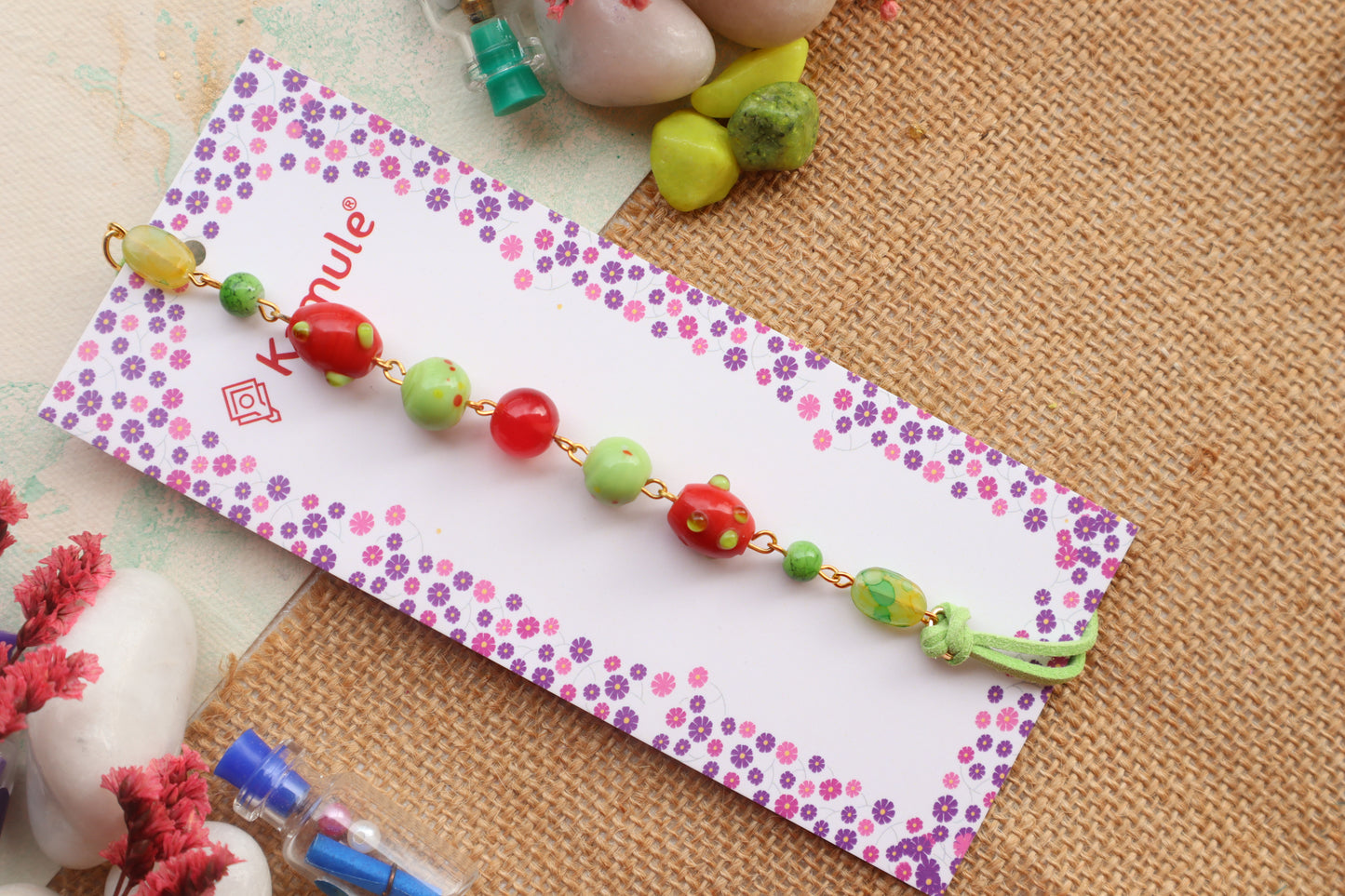 Kamule Lampwork Beaded Rakhi-Green and Red