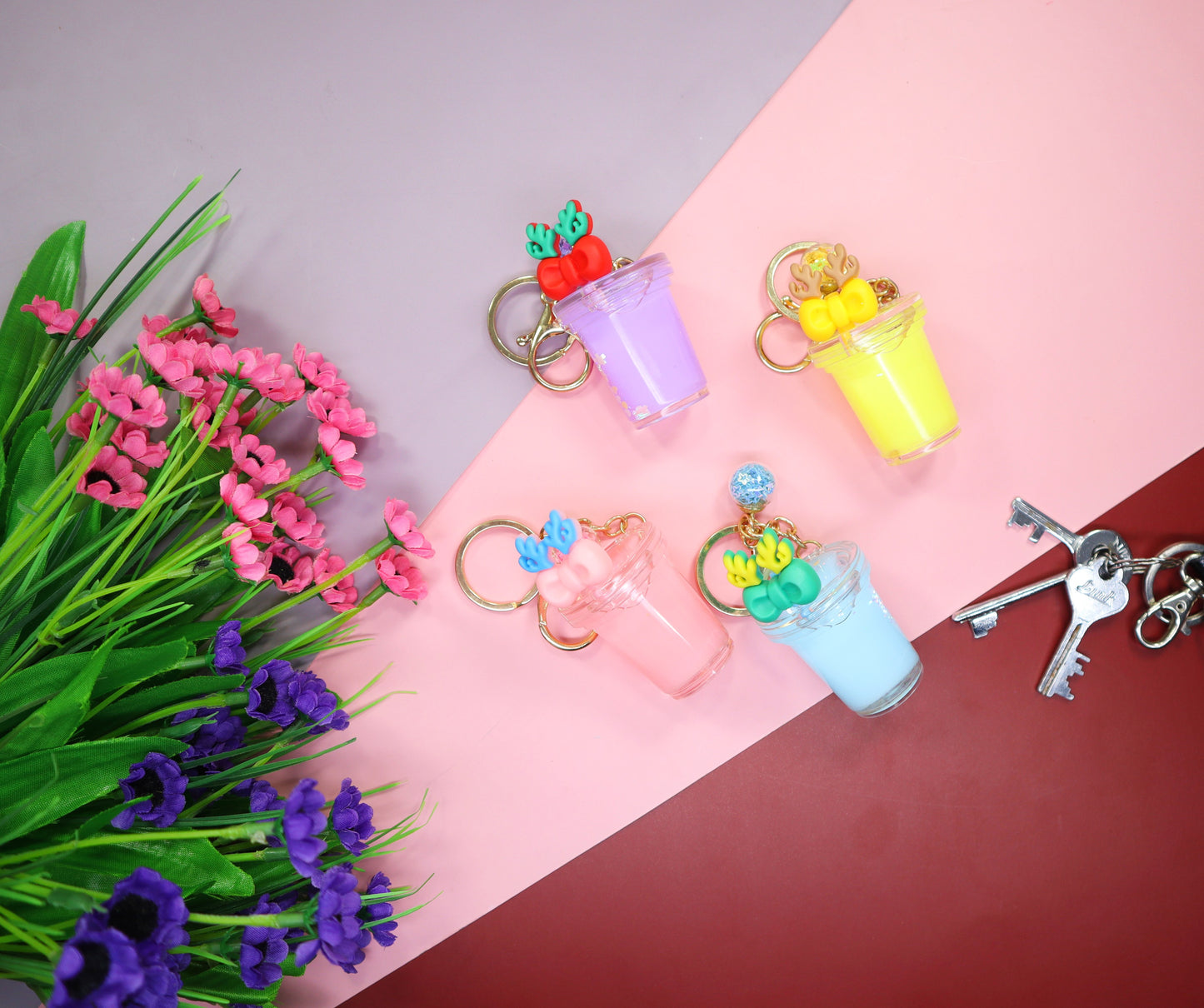 Dripping Oil Keychain Cute Bow Water Cup Keychain -Purple, Yellow, Sky Blue, Pink