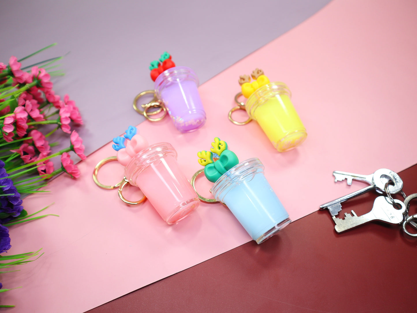 Dripping Oil Keychain Cute Bow Water Cup Keychain -Purple, Yellow, Sky Blue, Pink