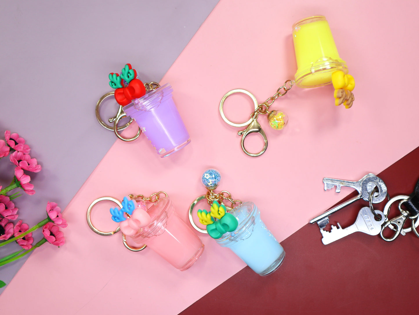 Dripping Oil Keychain Cute Bow Water Cup Keychain -Purple, Yellow, Sky Blue, Pink
