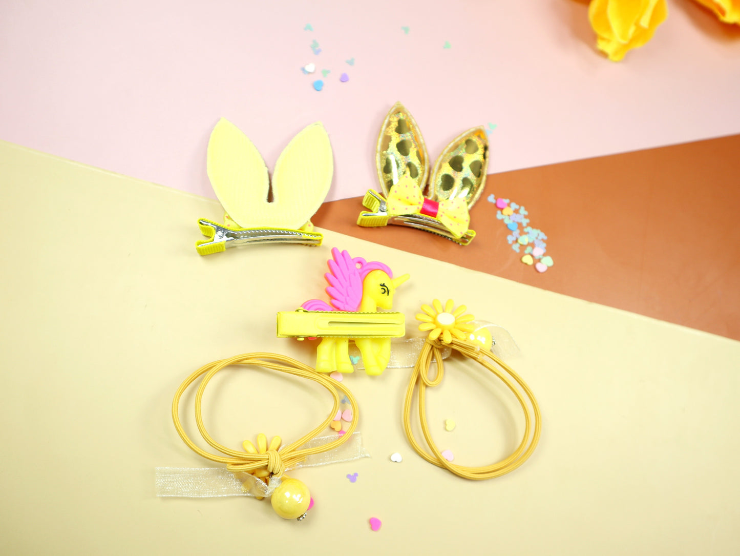 Kamule bunny clip and flora set of-5 -yellow