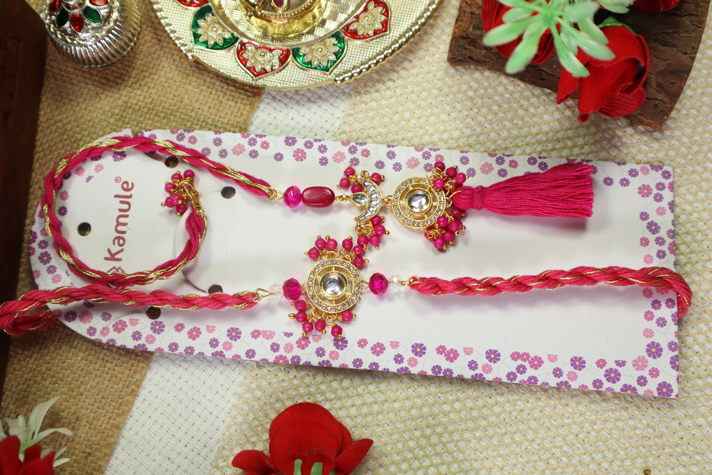Kamule Royal Pink Kundan Rakhi Pack of 2- Rani Pink
