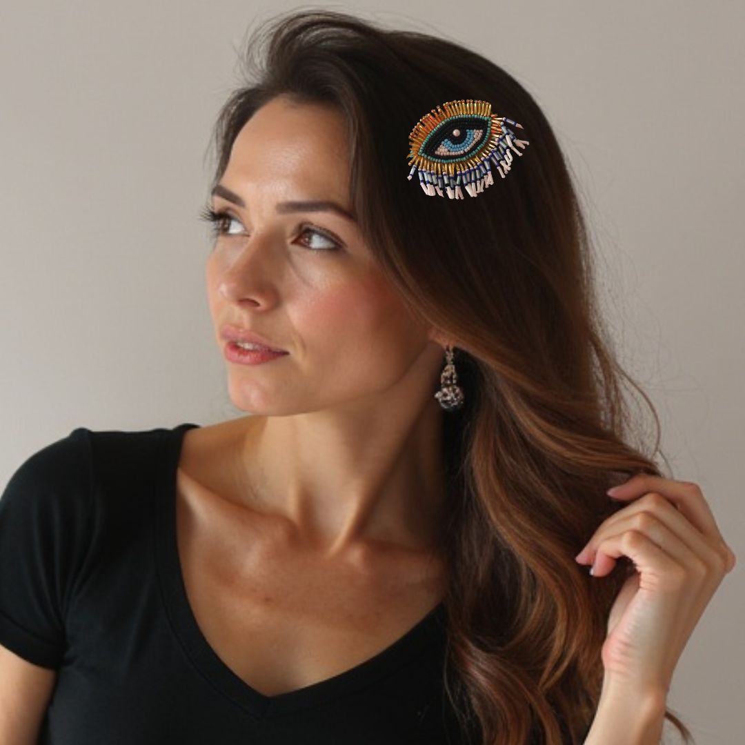 Kamule Beads Embedded Evil Eye Hair Clip and Glass beads Necklace Pack of 5 - Blue, White