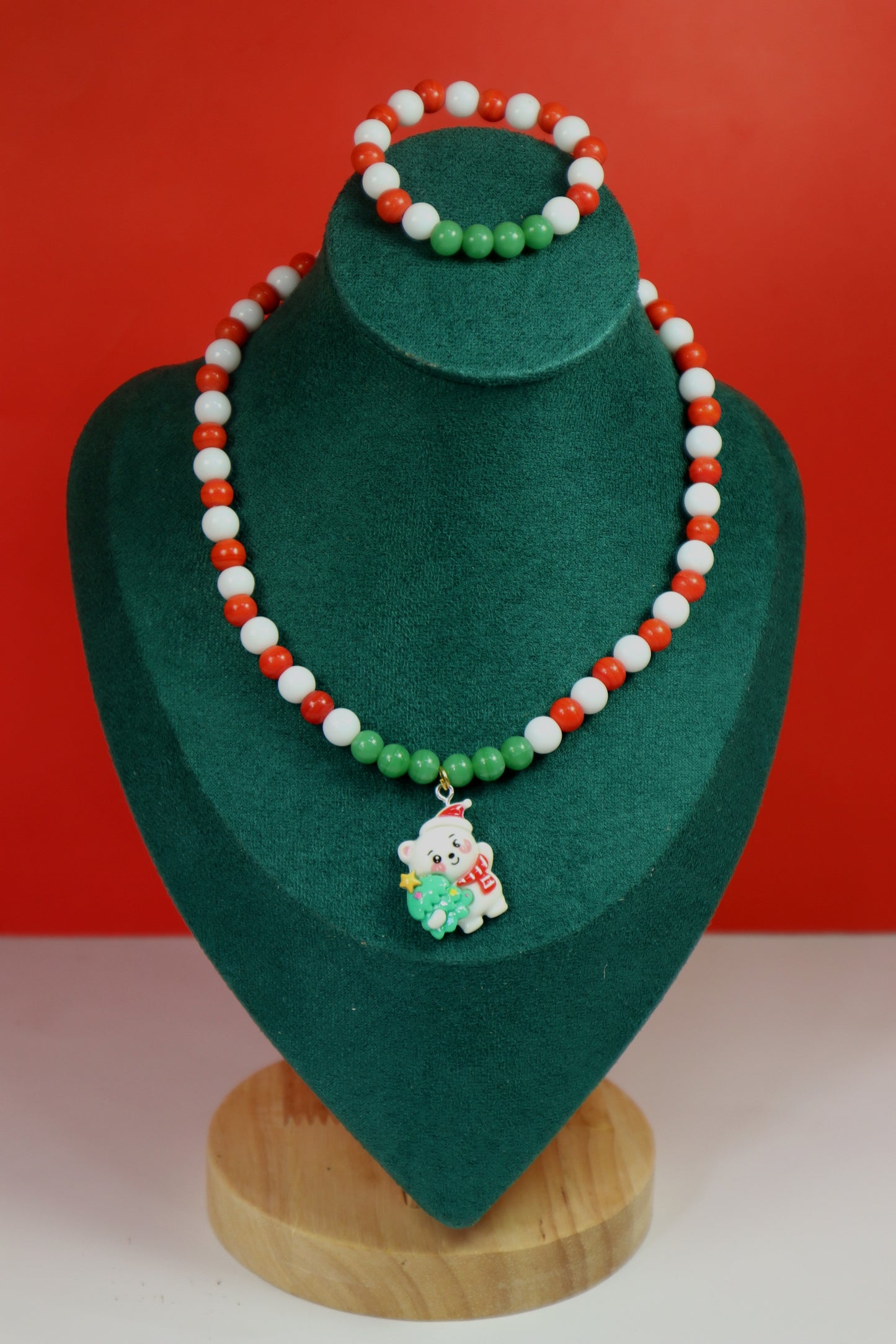 Kamule Christmas Theme Detailed Snow Teddy Charm Necklace with Bracelet Pack of 2 - Green , White and Red