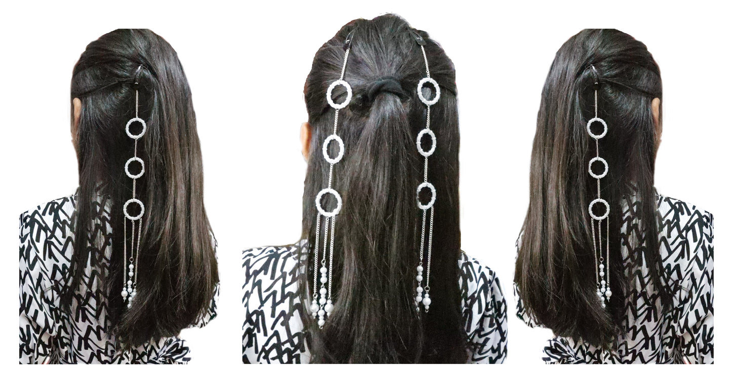 Kamule beaded hair wrap strings with attached silver chain pin set of - 2 - white -silver