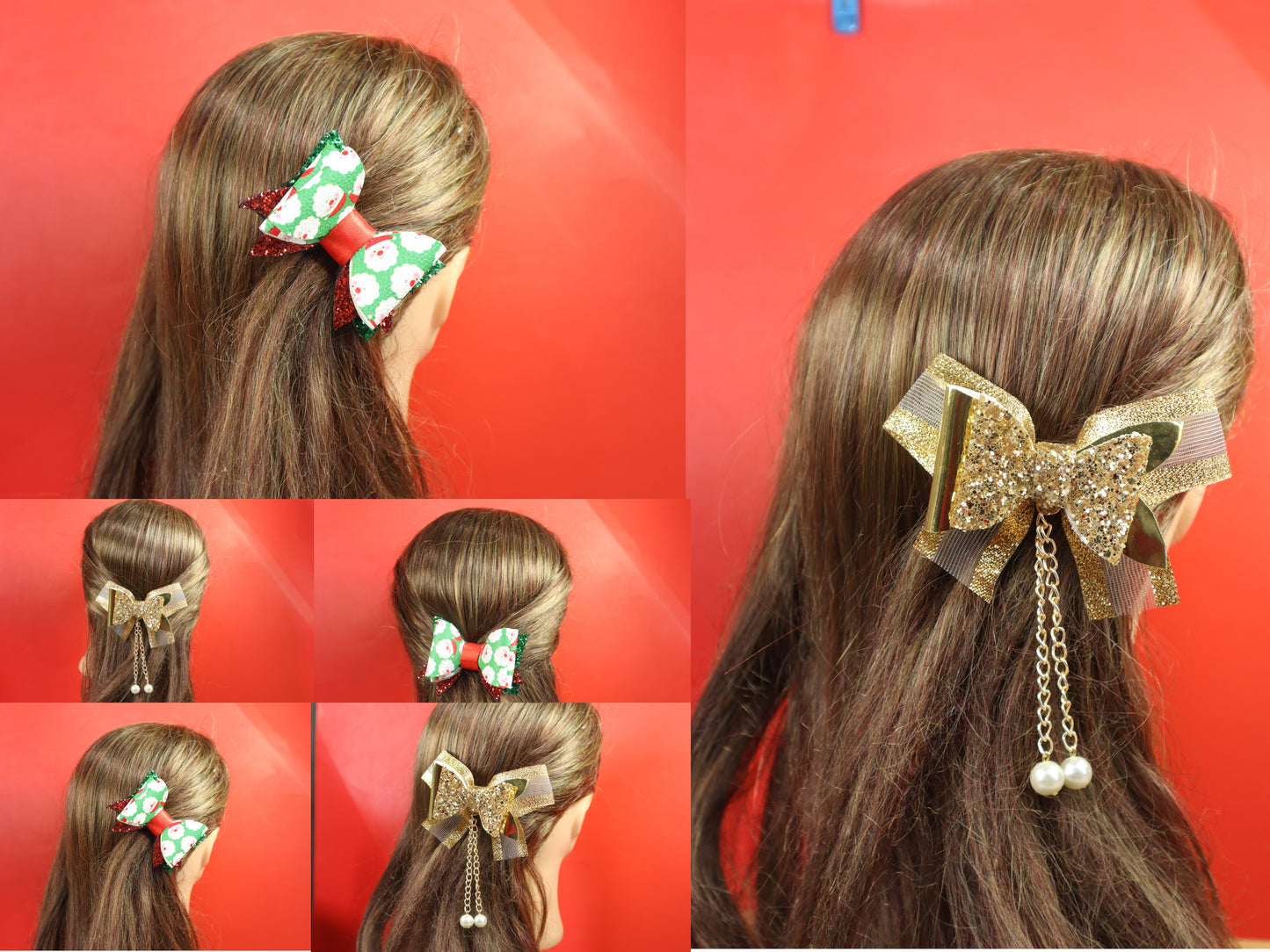 Kamule Christmas Theme Glittery Santa Print Detailed Bow Clips set of 2-Golden, white, Red