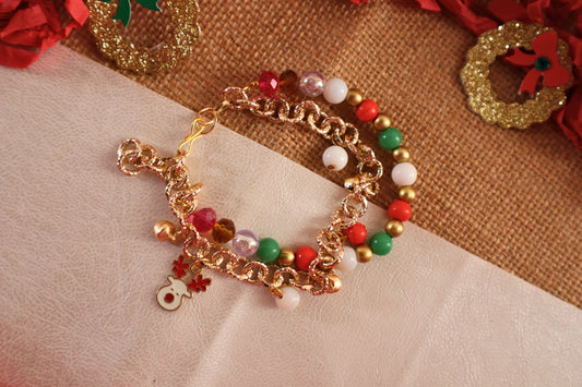 Christmas Theme  Chain and Reindeer Embellished Beaded Bracelet- red,green