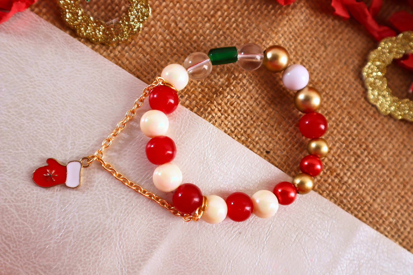 Kamule Christmas Santa Glove Pendant Beaded Stretch Bracelet - Red, Gold, White