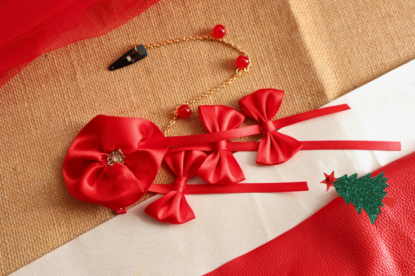 Christmas Theme Satin Bow with Attached Chain