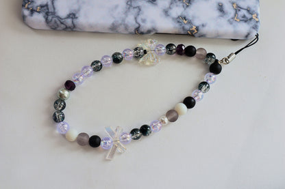 Kamule Glossy black, matte grey, and shimmering pearl beads phone charm