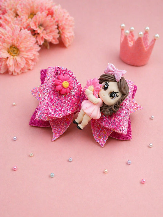 Kamule Doll Applique Layered Hair Bow Clip with Floral Charm - Pink