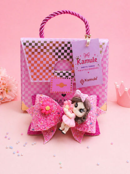 Kamule Doll Applique Layered Hair Bow Clip with Floral Charm - Pink
