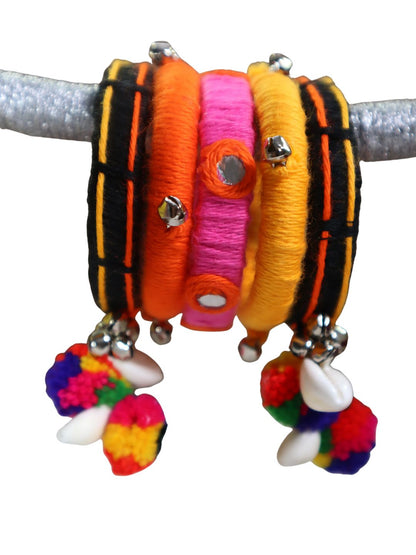 Kamule Navratri-Inspired Set of 5 Wool Thread Bangles with Shell & Pom-Pom Charms – Multicolour
