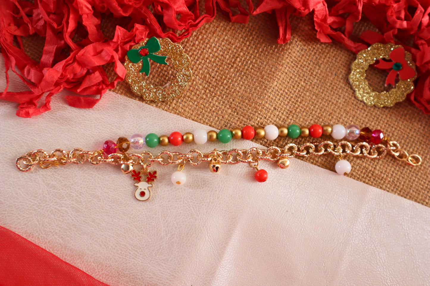 Christmas Theme  Chain and Reindeer Embellished Beaded Bracelet- red,green