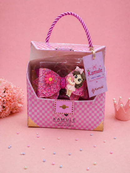 Kamule Doll Applique Layered Hair Bow Clip with Floral Charm - Pink