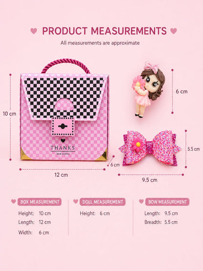 Kamule Doll Applique Layered Hair Bow Clip with Floral Charm - Pink
