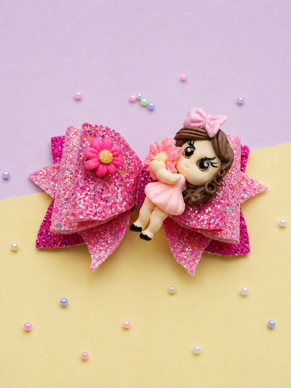 Kamule Doll Applique Layered Hair Bow Clip with Floral Charm - Pink