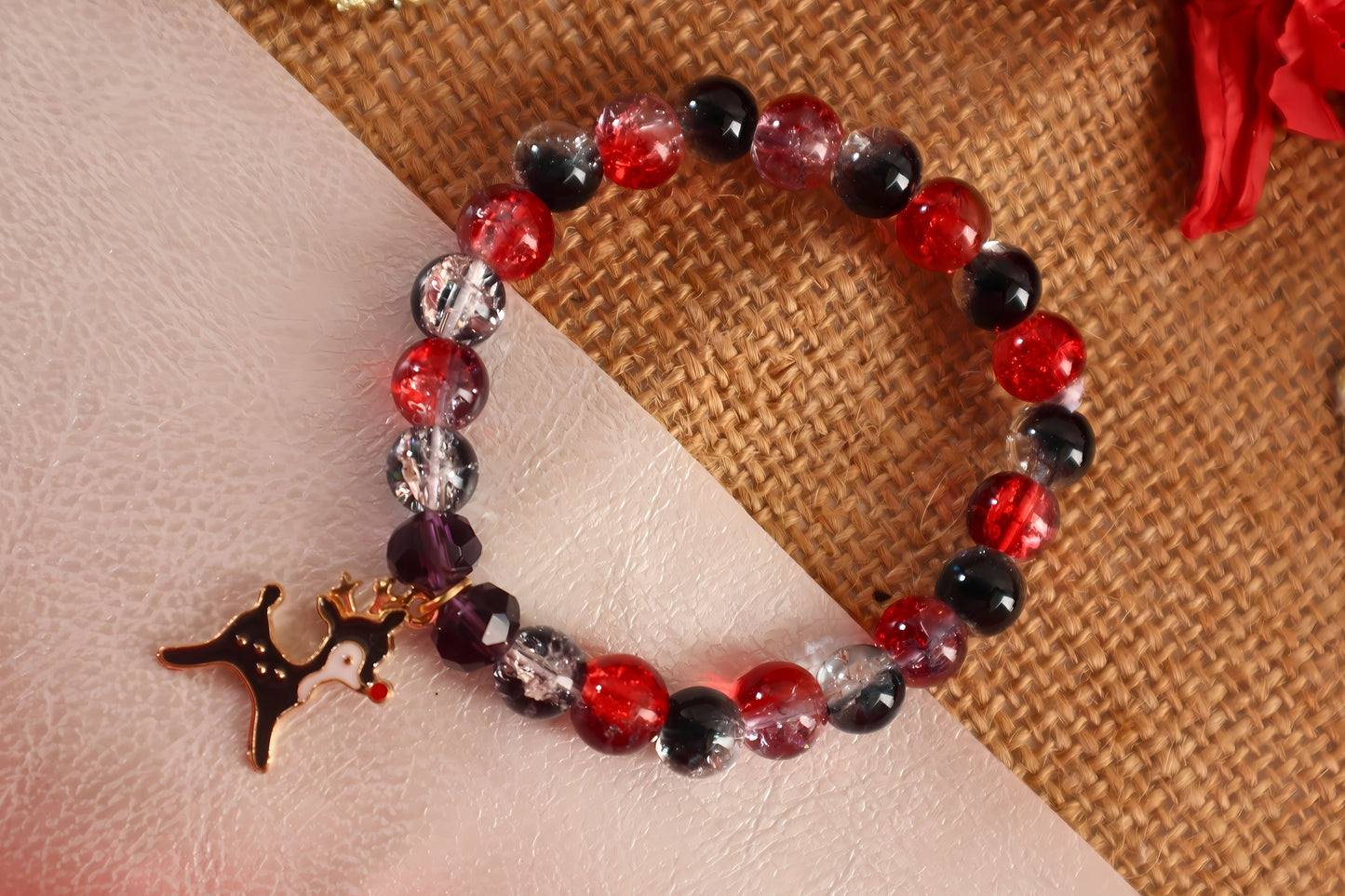 Kamule Kids Christmas Crack Beads Reindeer Charm Bracelet - Red & Black