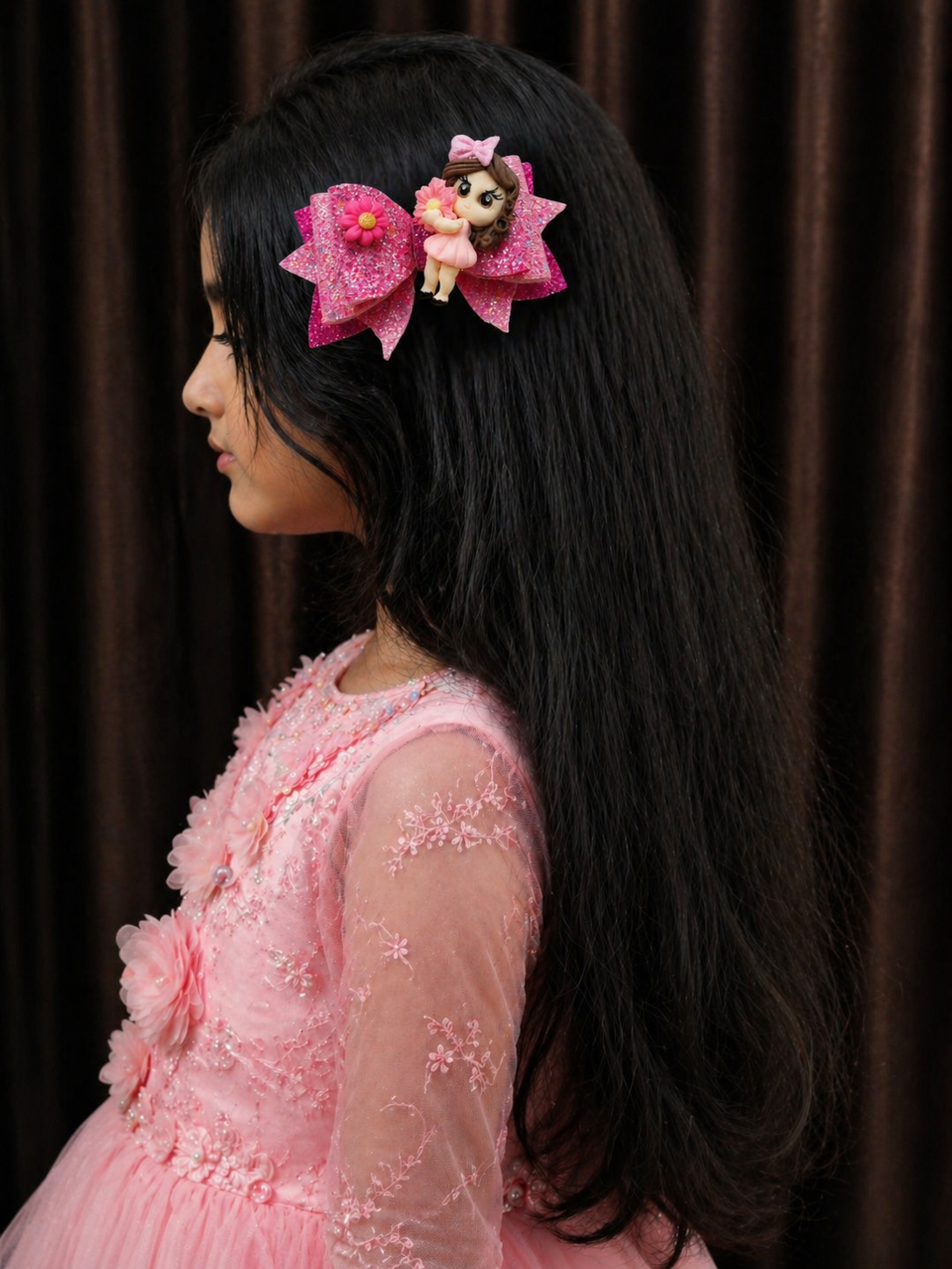 Kamule Doll Applique Layered Hair Bow Clip with Floral Charm - Pink