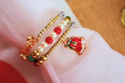 Kamule Christmas Theme Bell Charm Bracelet- red,white,golden