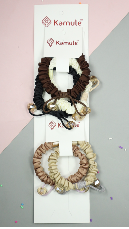 Kamule Crystal Bloom Scrunchie Set of 5-White , Black , Light Brown ,Dark Brown & cream