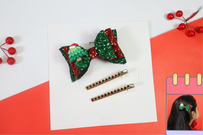 Kamule Christmas Theme Detailed Glittery Christmas tree Charm Detailed Bow with Designer pins Pack of 3-Green and Red