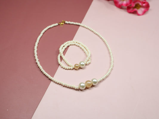 Kamule Cream Seed Beads Necklace and Bracelet Set with Pearl Accents set of 2-Cream