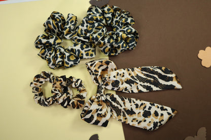 Kamule Set Of 3 Leopard Printed Bow Hair Clips  & Scrunchies