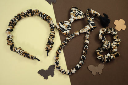 Kamule Leopard Print Set Of 5 Bow Hair Clips, Hair Bands and Necklace With Small Scrunchies