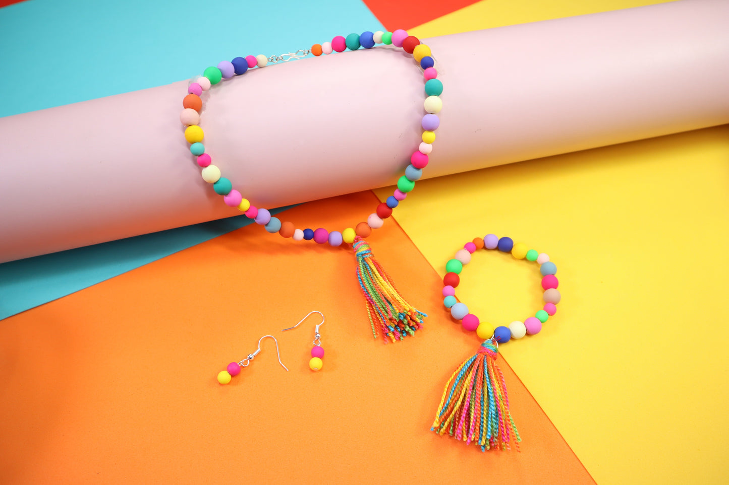 Kamule Set Of 3 Matte Multi Beads With Tassel Necklace with Bracelet And Earing   - Multicolour