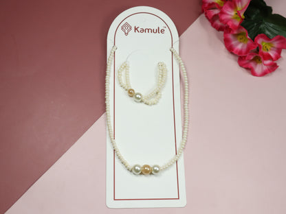 Kamule Cream Seed Beads Necklace and Bracelet Set with Pearl Accents set of 2-Cream