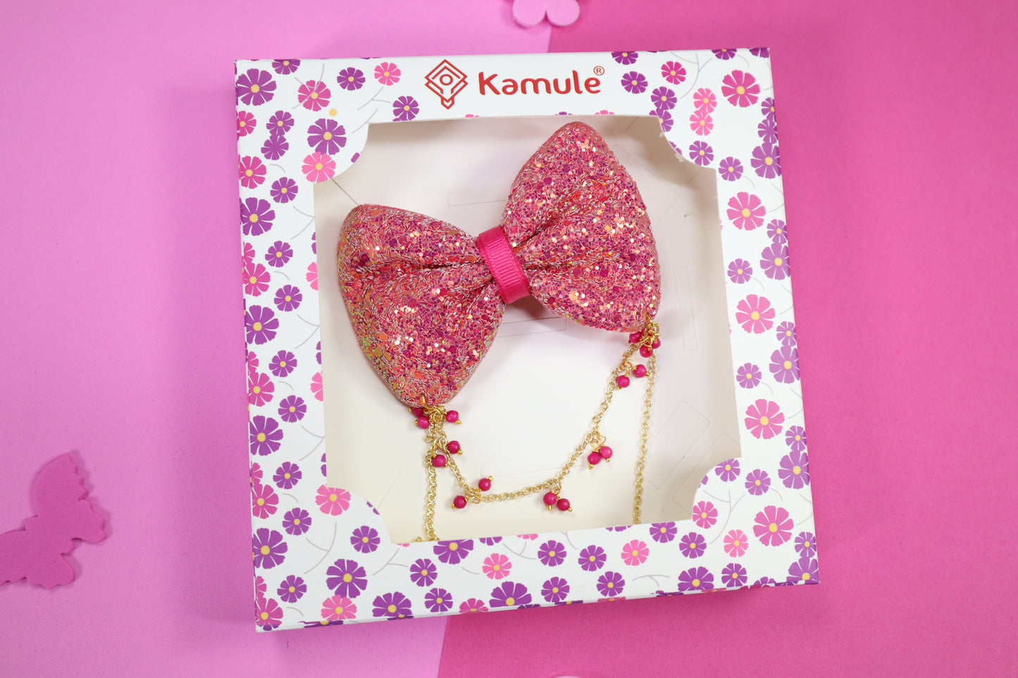 Kamule Glitzy Kundan Layered Dark Pink Bow Hairclip pack of 1-Dark Pink