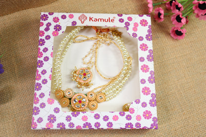 Kamule Enchanted Neck Adornments With Mang Tikka And Earring - Light Pink