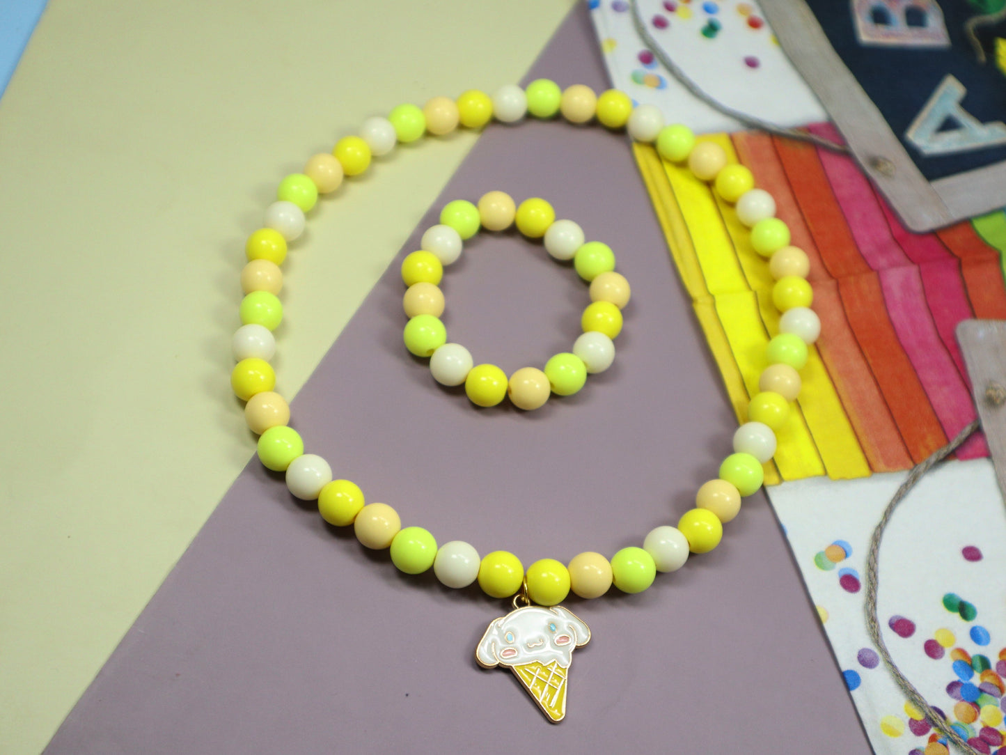 Kamule Sweet Treats Yellow Beaded Necklace set of 2-Yellow , Neon & White