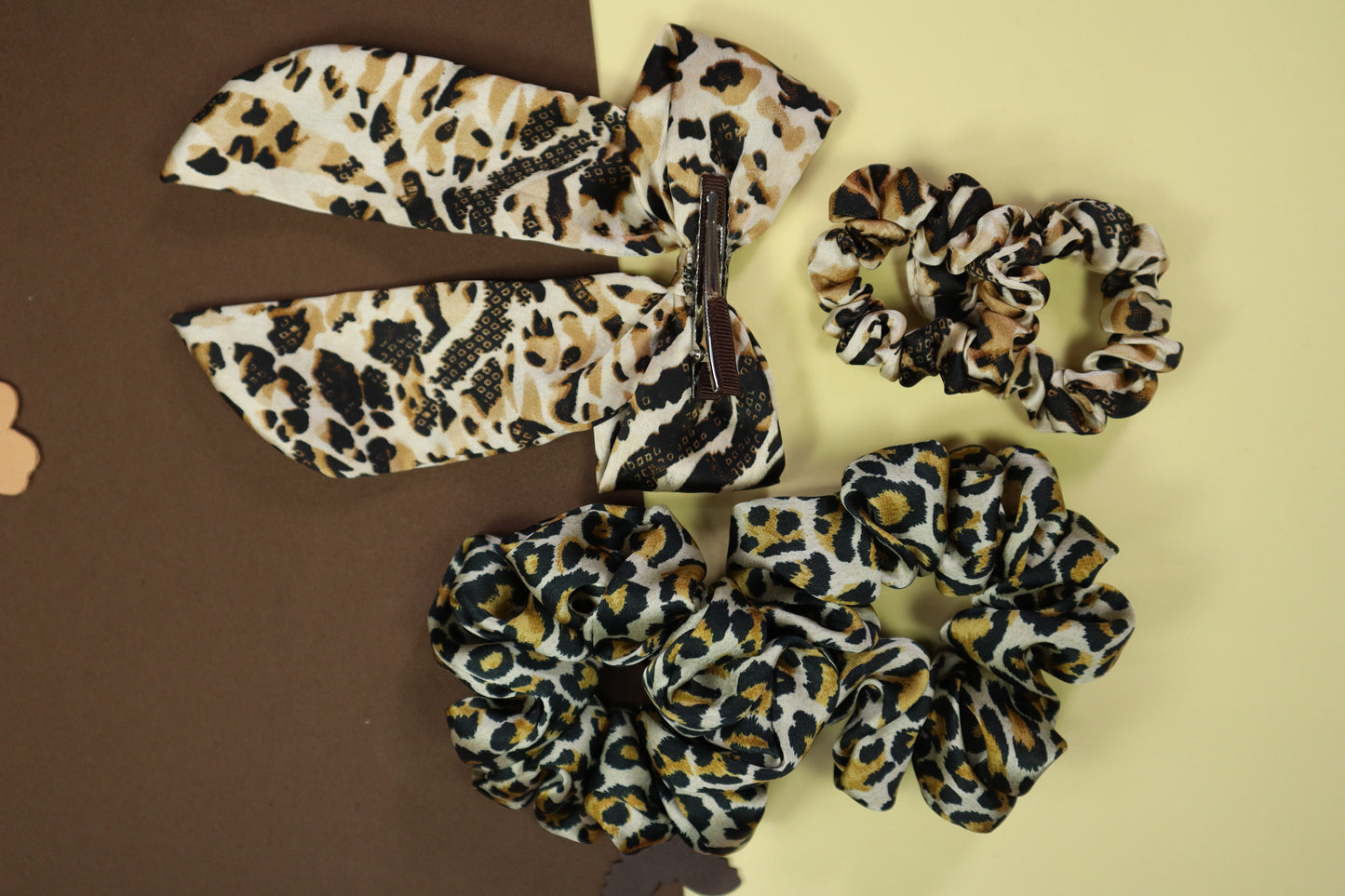 Kamule Set Of 3 Leopard Printed Bow Hair Clips  & Scrunchies